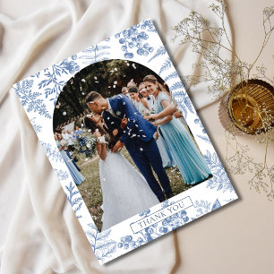 Cartão Postal Casamento Floral Azul Francês Elegante Obrigado
