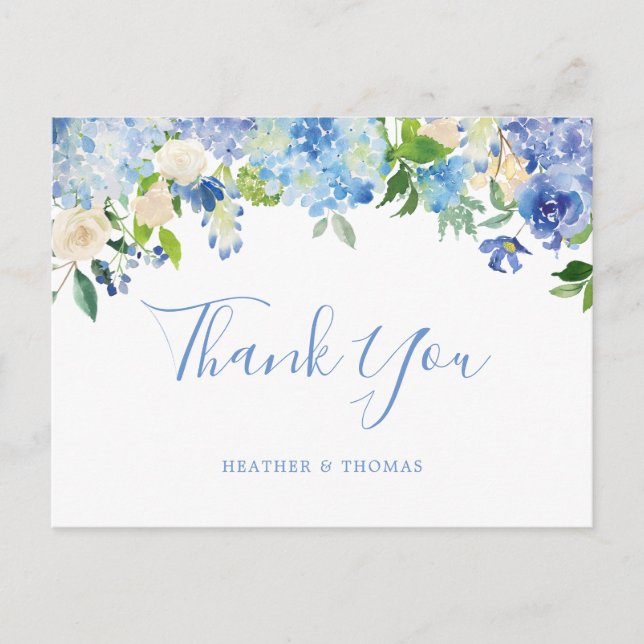 Cartão Postal Casamento Floral Azul Hydrangea Obrigado (Frente)