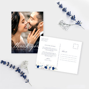 Cartão Postal Casamento Floral Azul Moderno Obrigado