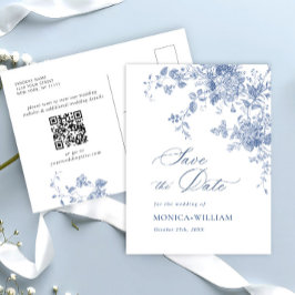 Cartão Postal Casamento Floral Azul Vitoriano Salva a Data