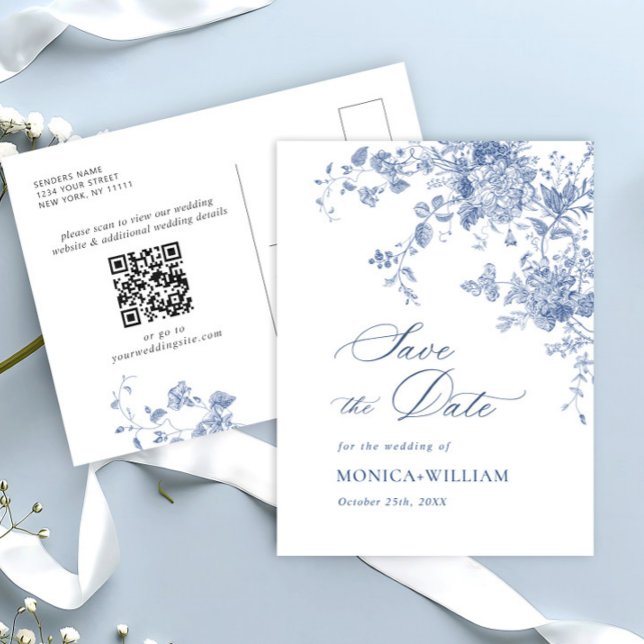 Cartão Postal Casamento Floral Azul Vitoriano Salva a Data (Criador carregado)