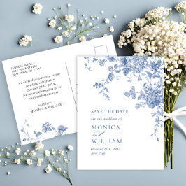 Cartão Postal Casamento Floral Azul Vitoriano Salva a Data