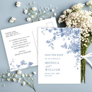 Cartão Postal Casamento Floral Azul Vitoriano Salva a Data