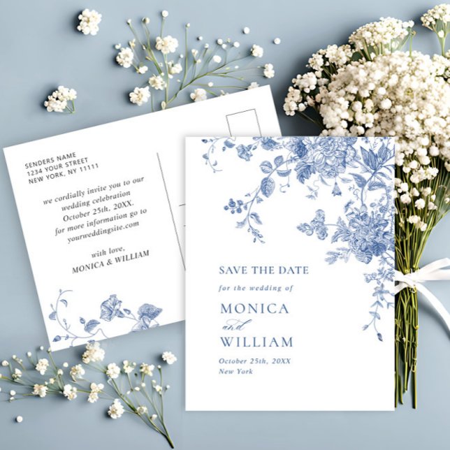 Cartão Postal Casamento Floral Azul Vitoriano Salva a Data (Criador carregado)
