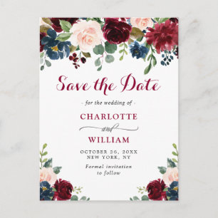 Cartão Postal Casamento Floral Blush Azul Burgundy Salve a Data