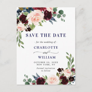 Cartão Postal Casamento Floral Blush Azul Burgundy Salve a Data