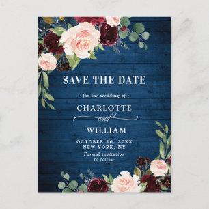 Cartão Postal Casamento Floral Blush Azul Burgundy Salve a Data