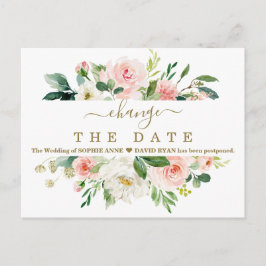 Cartão Postal Casamento Floral Branco Blush Adiou Novo Plano