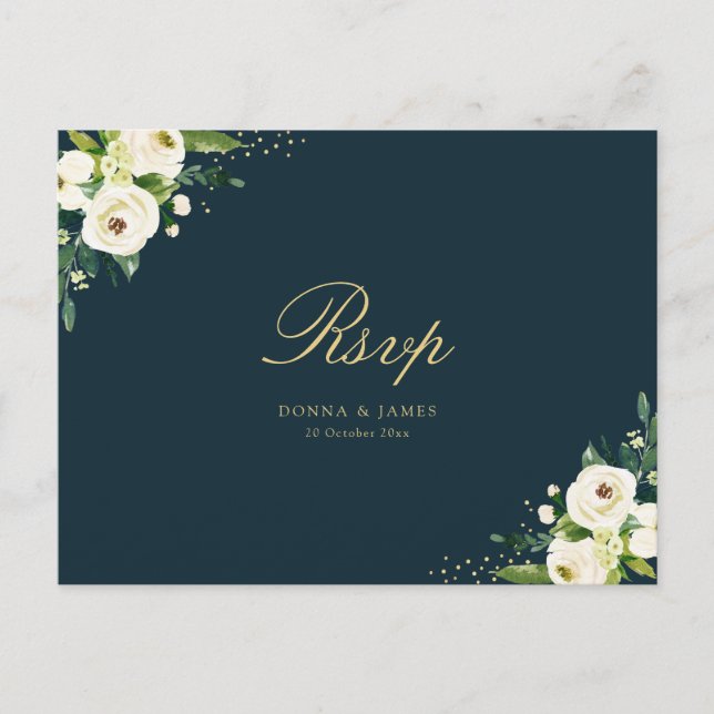 Cartão Postal Casamento floral branco de marfim RSVP (Frente)