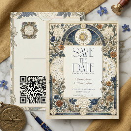 Cartão Postal Casamento Floral Celestial Vintage QR Save The Dat