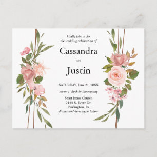Cartão Postal Casamento Floral Clássico Cor-de-Rosa