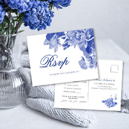 Cartão Postal Casamento Floral Clássico de Chinoiserie Azul e Br