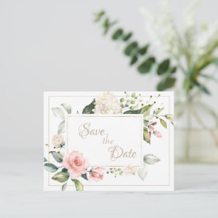 Cartão Postal Casamento Floral com Aquarela em Tom de Bege Elega