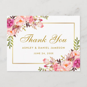 Cartão Postal Casamento Floral Cor-de-Água Rosa Dourado Obrigado