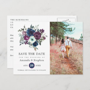 Cartão Postal Casamento Floral de ameixa e Marinho