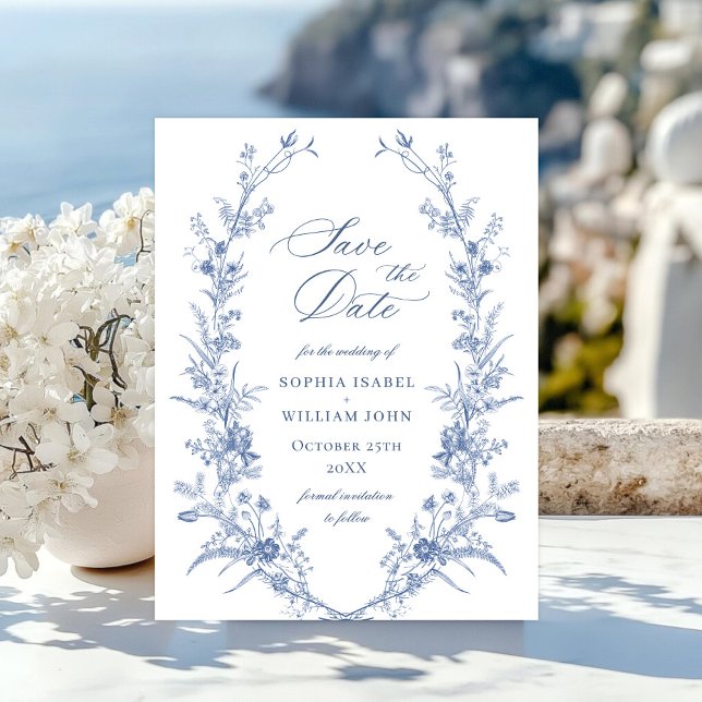 Cartão Postal Casamento Floral de Jardim Francês Azul Empoeirado (Criador carregado)