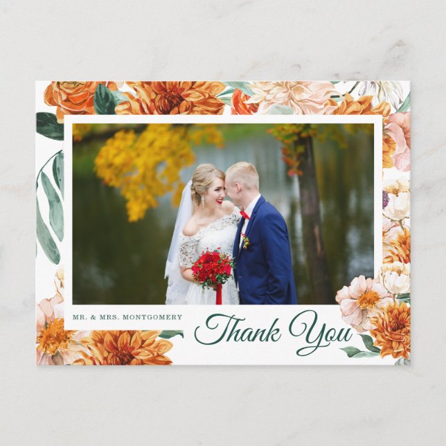 Cartão Postal Casamento Floral de Watercolor Elegante - Obrigado (Frente)