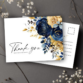 Cartão Postal Casamento Floral Dourado Azul do Marinho Moderno