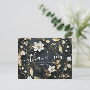 Cartão Postal Casamento Floral Dourado e Branco Negro Obrigado