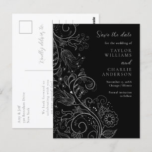 Cartão Postal Casamento Floral Elegante Preto e Prata Save The D