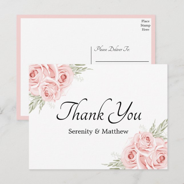 Cartão Postal Casamento Floral Elegante Rosa Rosa, Obrigado (Frente/Verso)