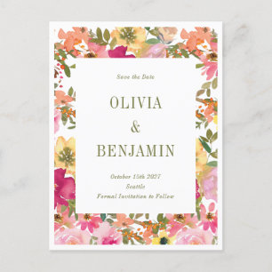 Cartão Postal Casamento Floral em Aquarela Amarela de Pêssego