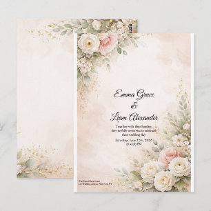 Cartão Postal Casamento Floral em Rosa Bege Elegante em Aquarela