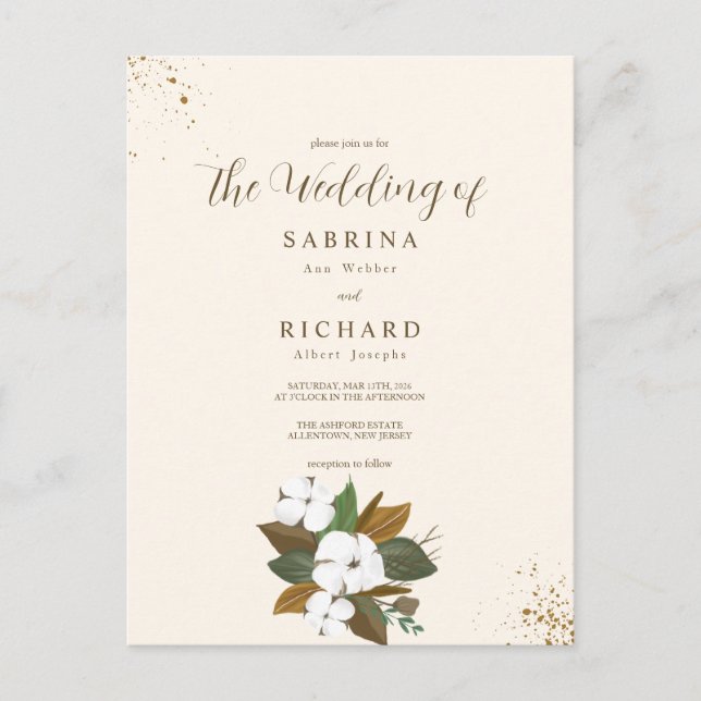 Cartão Postal Casamento Floral Marrom e Creme Simples (Frente)