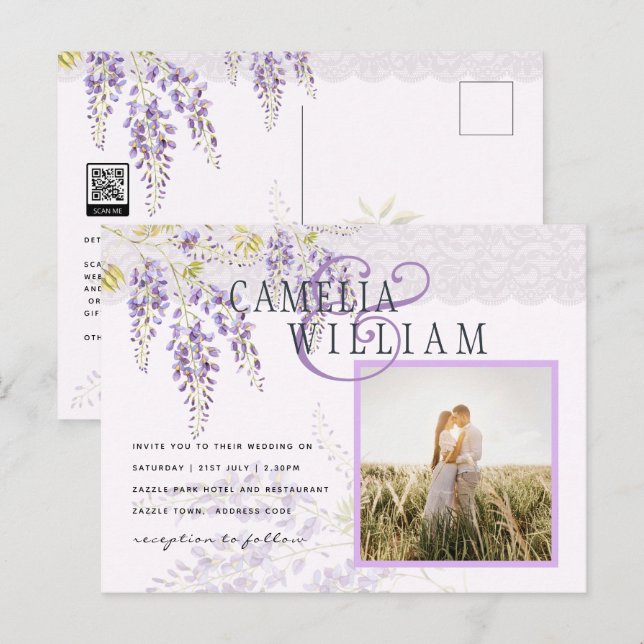 Cartão Postal Casamento Floral Moderno de Leah G Purple Wisteria (Frente/Verso)