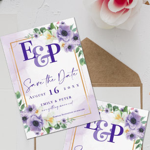 Cartão Postal Casamento Floral Púrpura Do Monograma Cuto Salvar 
