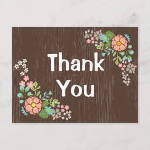 Cartão Postal Casamento Floral Rosa Agradecimento Madeira Marrom