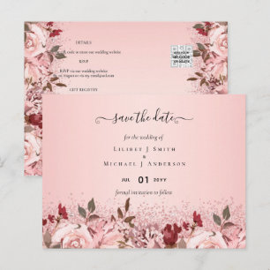 Cartão Postal Casamento Floral Rosa Dourado Borgonha