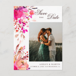 Cartão Postal Casamento floral rosa em aquarela Salve a Data