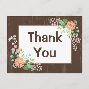 Cartão Postal Casamento Floral Rosa Madeira Marrom Obrigado Rúst
