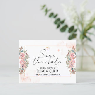 Cartão Postal Casamento floral rosa moderno salve a data
