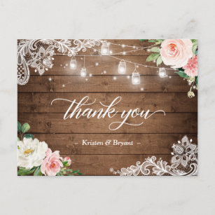 Cartão Postal Casamento Floral Russo Mason Jar Lights Obrigado
