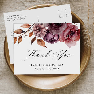 Cartão Postal Casamento Floral Rustic Autumn Marsala Obrigado