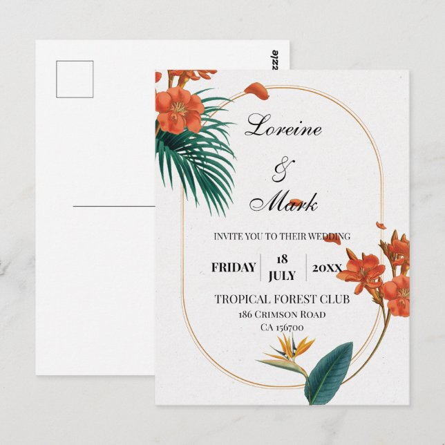 Cartão Postal Casamento Floral Tropical Elegante (Frente/Verso)