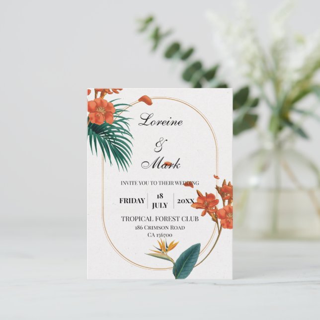 Cartão Postal Casamento Floral Tropical Elegante (Em pé/Frente)