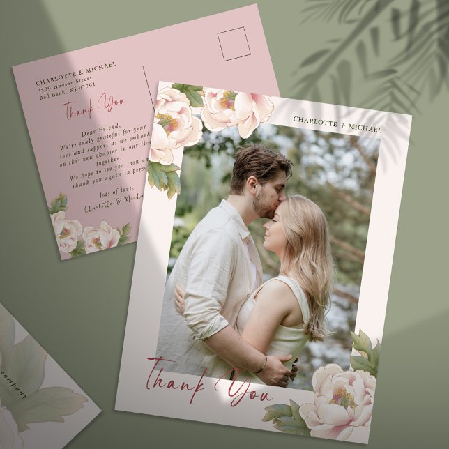 Cartão Postal Casamento Fotográfico Blush Peony Floral Obrigado  (Criador carregado)