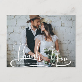 Cartão Postal Casamento Fotográfico com Script de Mão Obrigado