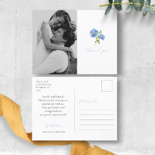 Cartão Postal Casamento Fotográfico Dusty Blue Hydrangea Obrigad