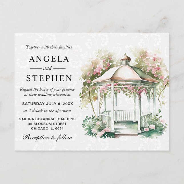 Cartão Postal Casamento Gazebo de Jardim Primavera de Aquarela (Frente)