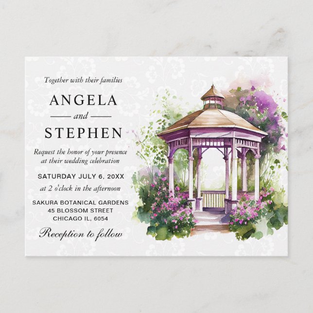 Cartão Postal Casamento Gazebo de Jardim Primavera de Aquarela (Frente)
