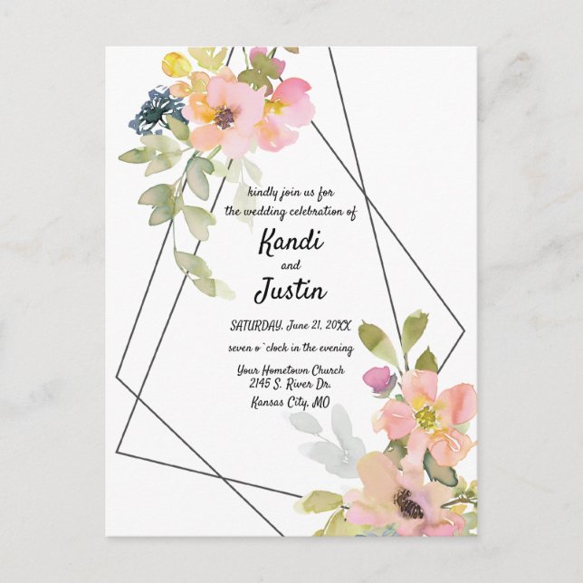 Cartão Postal Casamento Geométrico Floral Cor-de-Água Rosa (Frente)