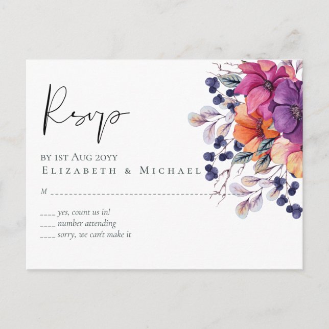 Cartão Postal Casamento Laranja De Púrpura Floral Elegante (Frente)