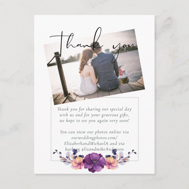 Cartão Postal Casamento Laranja De Púrpura Floral Elegante (Frente)