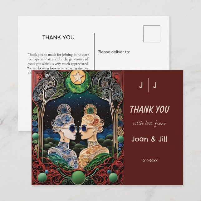 Cartão Postal Casamento Lésbico Obrigado (Frente/Verso)