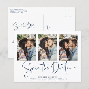 Cartão Postal Casamento manuscrito azul moderno Salve a data