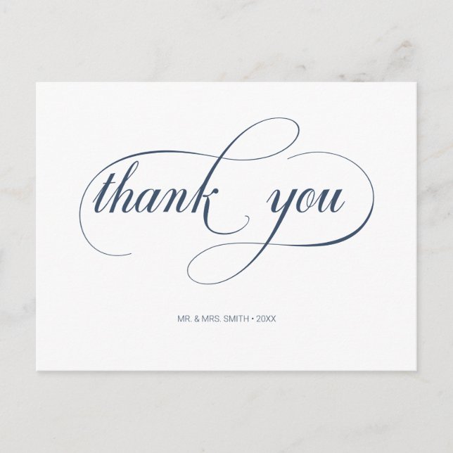 Cartão Postal Casamento Minimal Navy Caligrafia Script Agradecim (Frente)